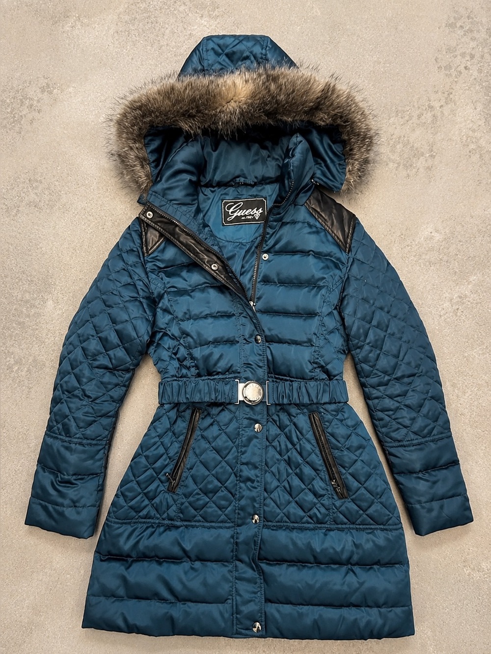 Guess Blue Quilted Hooded Puffer Coat with Faux Fur Trim and Belt